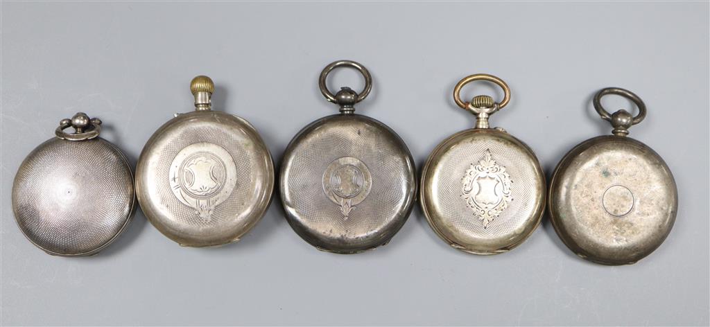 Five assorted early 20th century and later pocket watches including 935 and 800 standard.